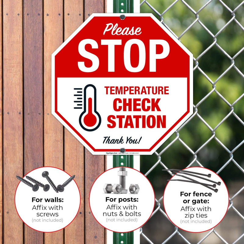 Stop Temperature Check Station Sign, Social Distancing Sign, 12x12 Inches, Rust Free .040 Aluminum, Fade Resistant, Easy Mounting, Indoor/Outdoor Use, Made in USA by Sigo Signs