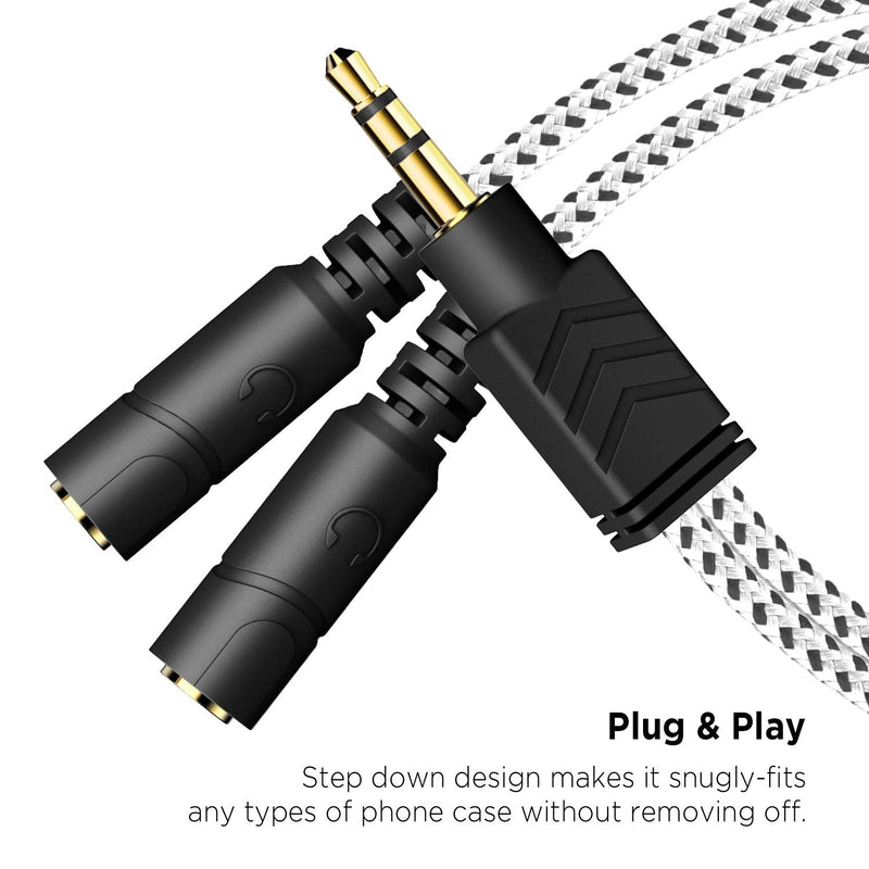 Headphone Splitter, DUKABEL Knitted 3.5mm Audio Splitter TRS 3-Pole Aux Splitter Cable for Headphones Earphones Speakers -Zebra White 9.8 inch / 25 cm Zebra White