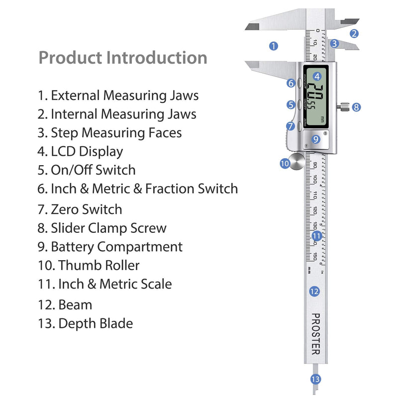 Proster Digital Vernier Caliper 6inch/150mm + 32 Feeler Gauges Dial Calipers Electronic Caliper Fractions/Inch/Metric Calipers Measuring Tool for Length Width Depth Inner/Outer Diameter 150 Mm/6 Inch