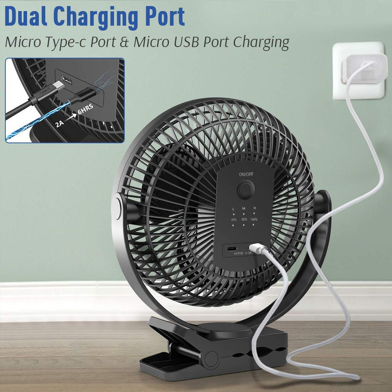 KOONIE 10000mAh Rechargeable Portable Fan, 8-Inch Battery Operated Clip on Fan, USB Fan, 4 Speeds, Strong Airflow, Sturdy Clamp for Office Desk Golf Car Outdoor Travel Camping Tent Gym Treadmill Black