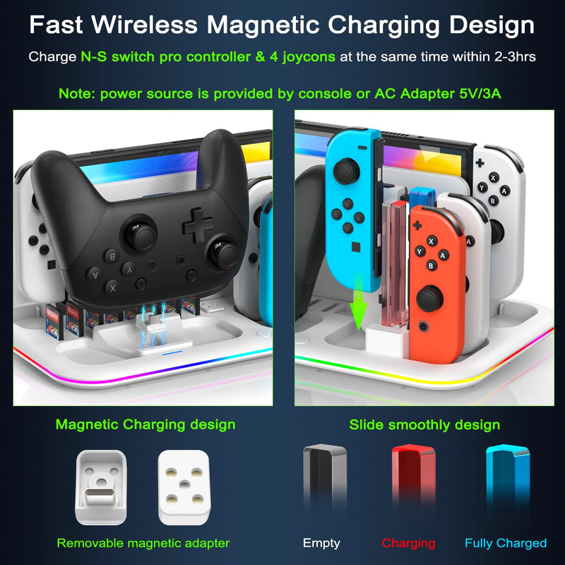 RGB Switch Controller Charger for Nintendo Switch & OLED Model with Led Light, Joycon Charger with Switch Pro Controller Charger, Switch Charging Station Dock Organizer with 8 Game Slots & USB Cables