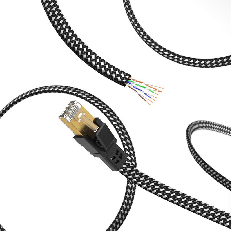 Cat 8 Ethernet Cable 10 ft, 26AWG Nylon Braided High Speed Heavy Duty Cat8 Network LAN Patch Cord, 40Gbps 2000Mhz SFTP RJ45 Flat Cable Shielded in Wall, Indoor&Outdoor for Modem/Router/Gaming/PC Cat8-10ft