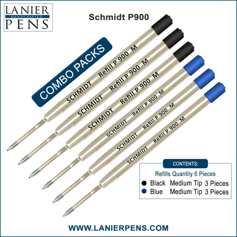 Lanier Combo Pack - Pack of 6 - Schmidt P900 M Parker Style Ballpoint Refill 3 Black and 3 Blue Ink Medium Tip