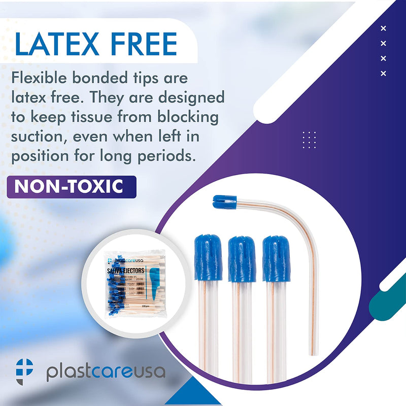 100 Dental Disposable Saliva Ejectors, Clear Body Blue Tip, Evacuation Suction Tips, Bag of 100