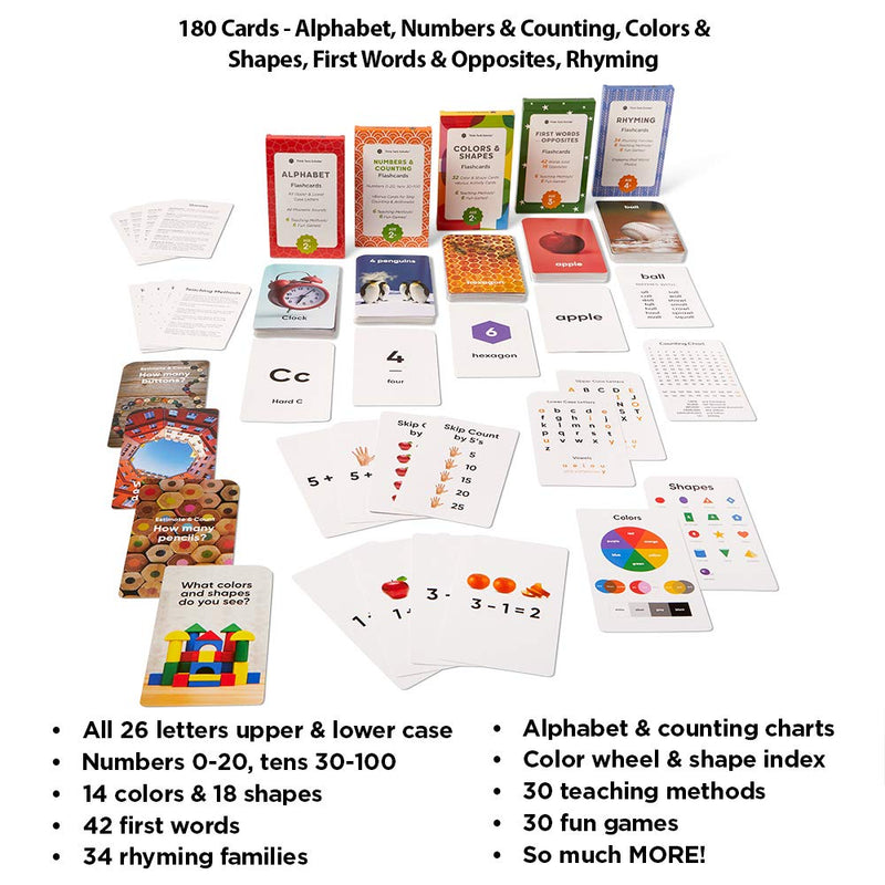 Think Tank Scholar Preschool Flash Cards Bundle - Alphabet (ABC) Letters, Math Numbers & Counting, Colors & Shapes, First Words & Opposites, & Rhyming for Toddlers Ages 2-6