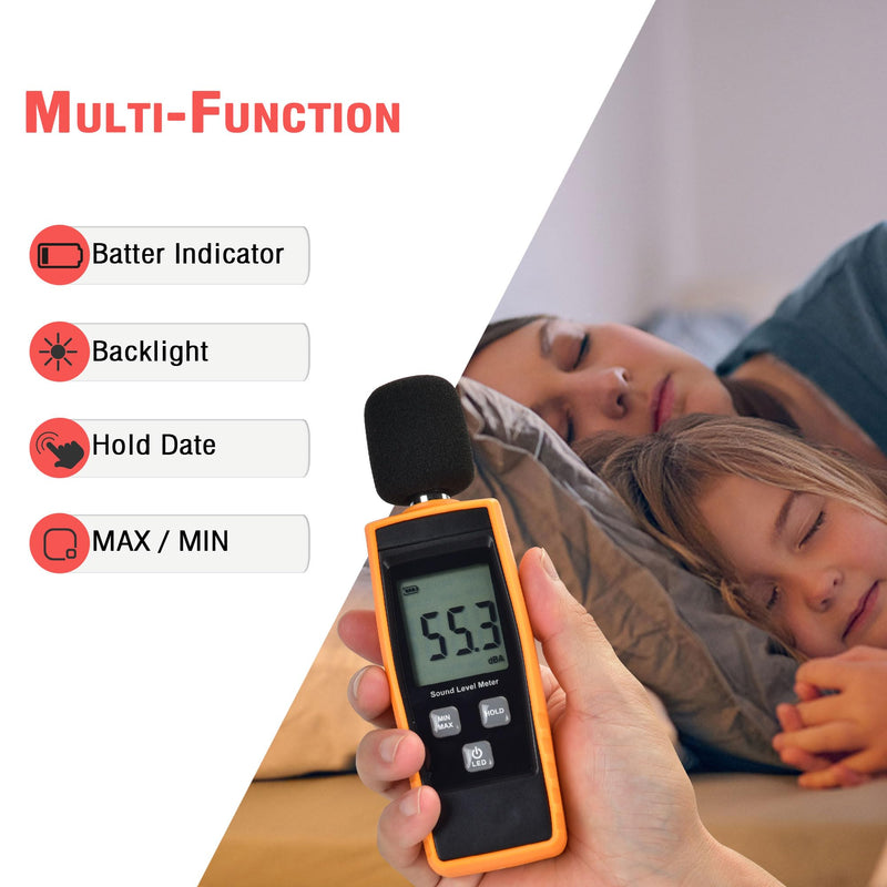 Handheld Sound Level Meter, 30~130dB Decibel, Backlight Noise Meter, Digital LCD Display for Indoor and Outdoor Use, Max/Min/Hold Function