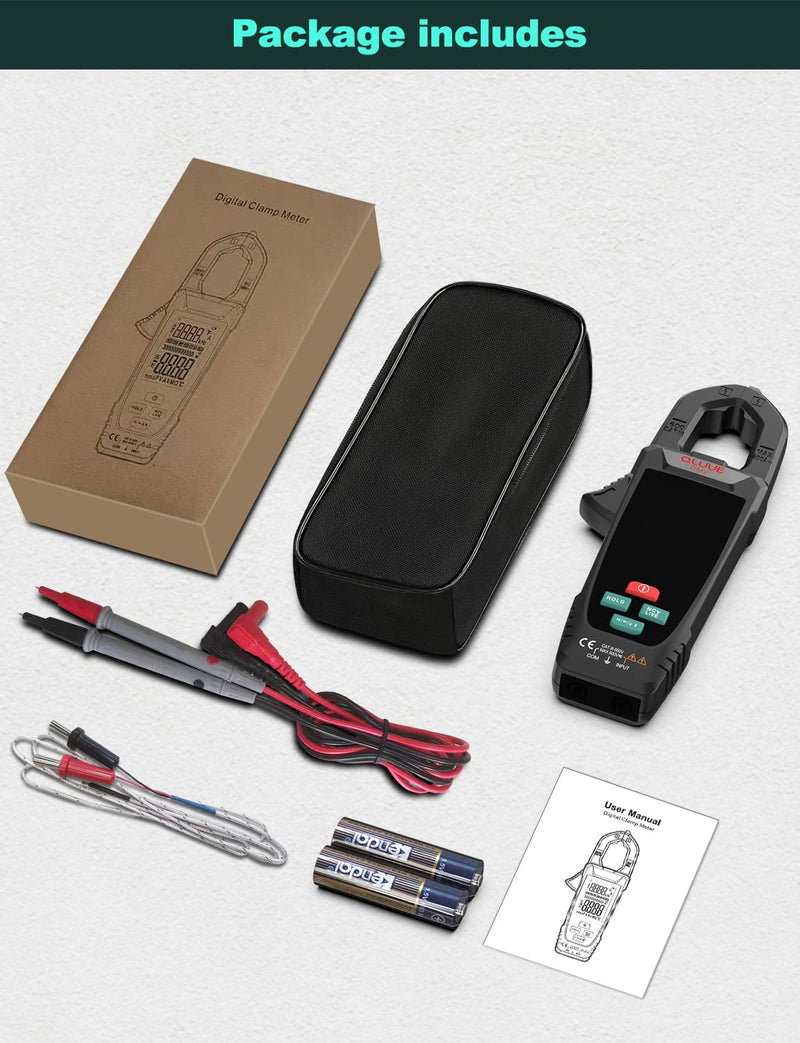 QLUUE Clamp Meter 9999 Counts, Multimeter Measures AC Current, AC/DC Voltage, Temperature, Capacitance, Resistance, Diodes, and Continuity, Voltage Tester with NCV, Auto-ranging, and Carrying Case