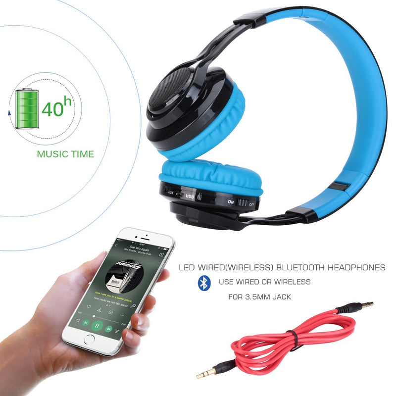 Bluetooth Headset, Riwbox AB005 Wireless Headphones 5.0 with Microphone Foldable Headphones with TF Card FM Radio and LED Light for Cellphones and All Bluetooth Enabled Devices (Black&Blue) Black, Blue