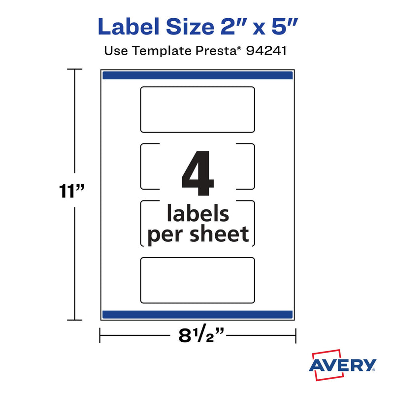 Avery Matte White Rectangle Labels with Sure Feed, 2" x 5", 100 Matte White Printable Labels 100 Labels