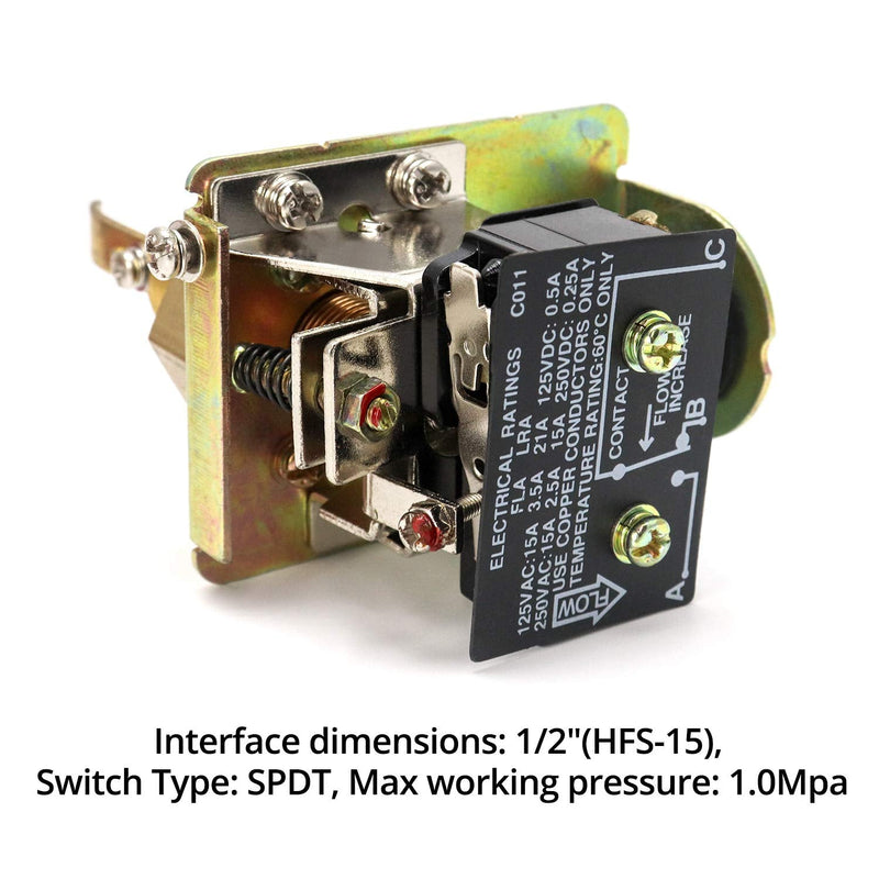 QWORK 1/2" (HFS-15) Water Flow Control Switch, 250V Brass Water Flow Switch Paddle Control, 1.0Mpa, SPDT Output, Male Thread Connection