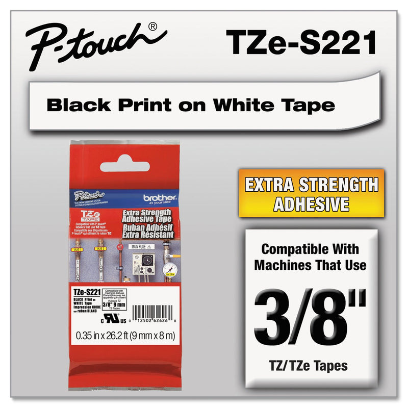 Brother 3/8 Inch x 26.2 Feet Black on White Tape with Super Strong Adhesive (TZS221)