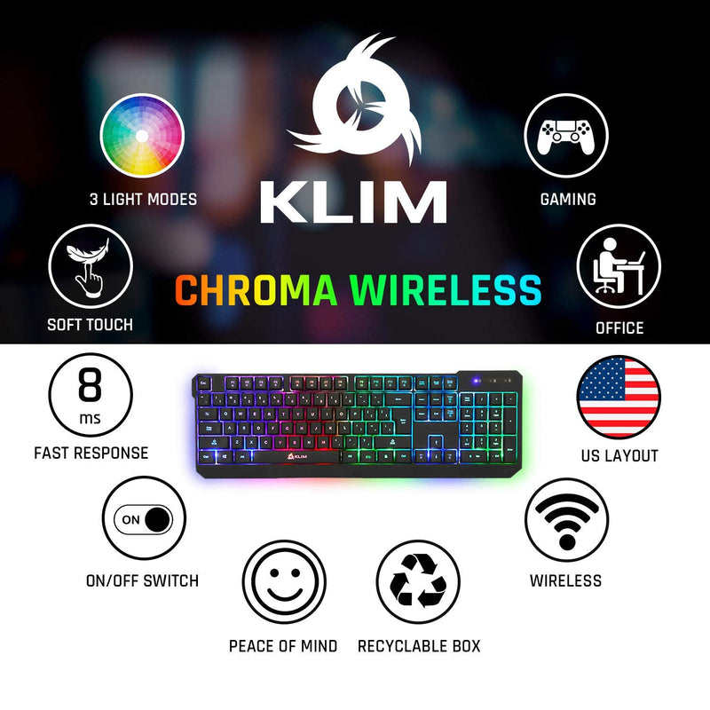 KLIM Chroma Rechargeable Wireless Gaming Keyboard + Slim, Durable, Ergonomic, Quiet, Waterproof, Silent Keys + Backlit Wireless Keyboard for PC PS4 Xbox One Mac + Teclado Gamer + New 2021 Version