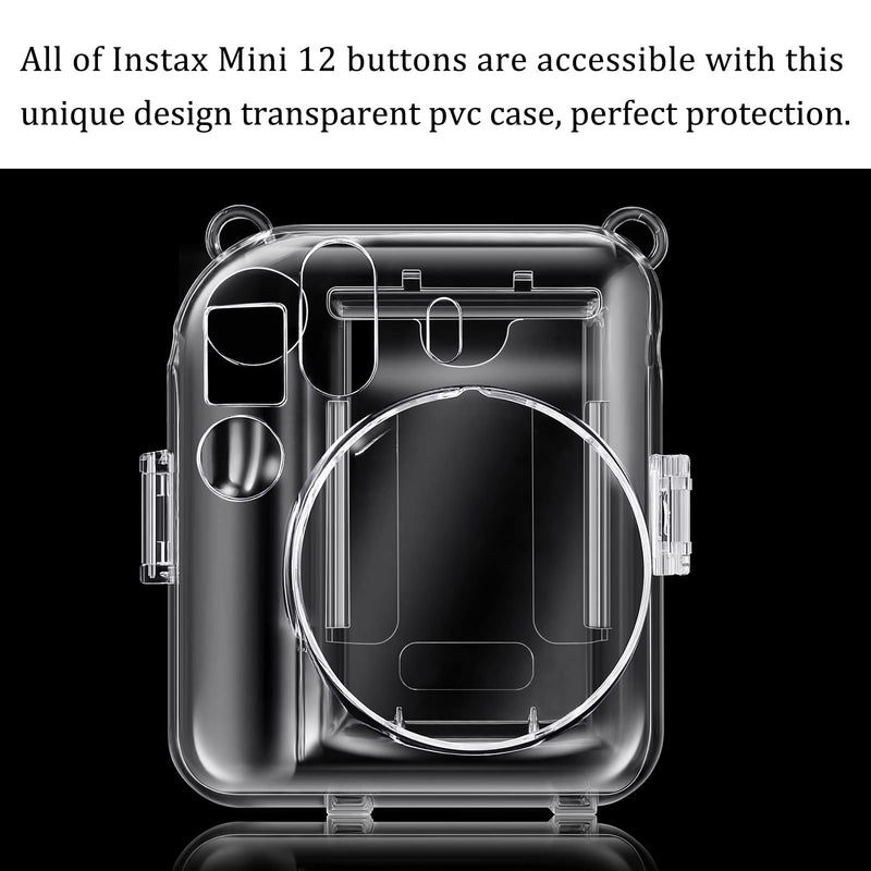 Fintie Protective Clear Case for Fujifilm Instax Mini 12 Instant Camera - Crystal Hard Shell Cover with Upgraded Film Pocket for Storing Photos & Removable Rainbow Shoulder Strap, Clear