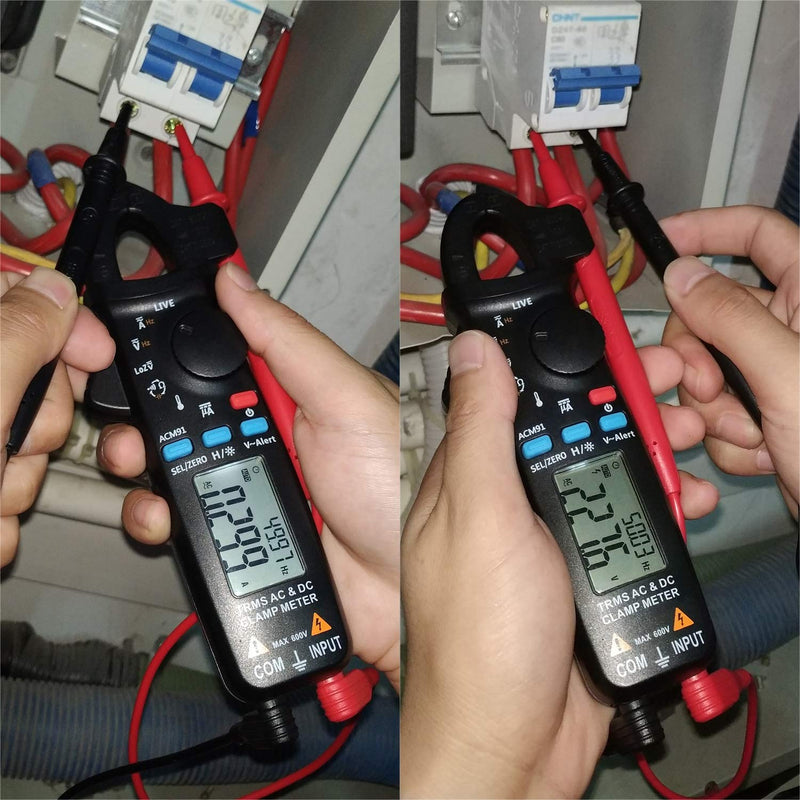 BSIDE ACM91 Digital Clamp Meter 1mA AC/DC Current True RMS Auto-Ranging 6000 Counts Meter Hz Temperature Capacitance Live Check V-Alert Low Impedance Voltage Tester Black