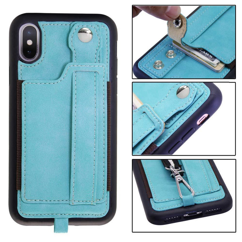 TOOVREN iPhone X Case Wallet, iPhone Xs/10 Lanyard Neck Strap Protective Case Cover with Card Holder Adjustable Detachable Kickstand PU Leather iPhone Lanyard for Anti-Theft Aqua Aqua-XS/X iPhone X/Xs-5.8''