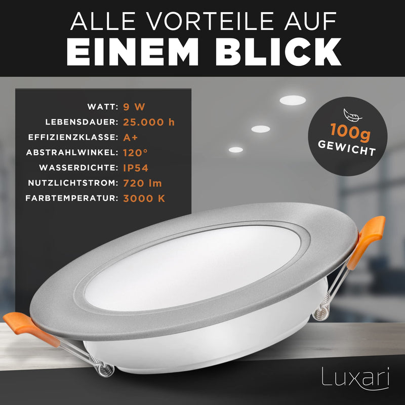 Luxari LED recessed spotlight 230V flat − Radiant LED recessed lights [set of 6 8W] − Bathroom LED spot [3000K warm white] − Ceiling spotlight − IP54 silver