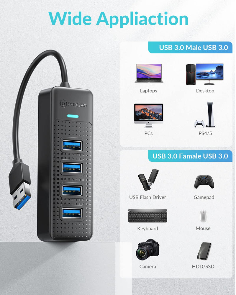 USB Hub, PHIXERO 4-Port USB 3.0 Hub Multi USB Port Expander, Fast Data Transfer USB Splitter for Laptop, Compatible with All USB Port Device