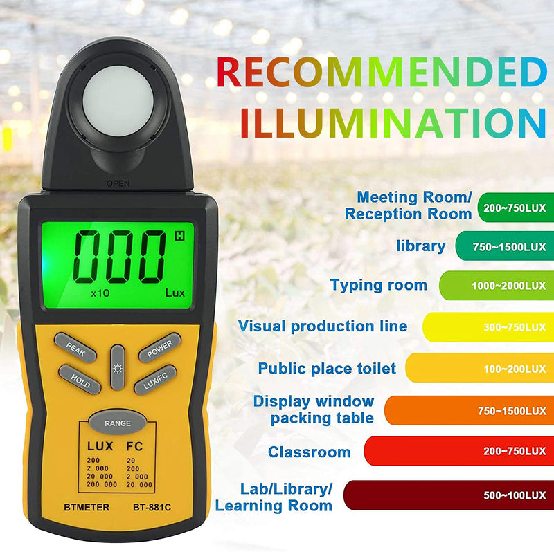 BTMETER Digital Illuminance Light Meter BT-881C,Lumen/FC Photometer,Luxmeter Sensor Measure 0.1~200000 Lux (0.01~20000FC) Lights,Bright Tester for Photography, Plant, Foot Candle