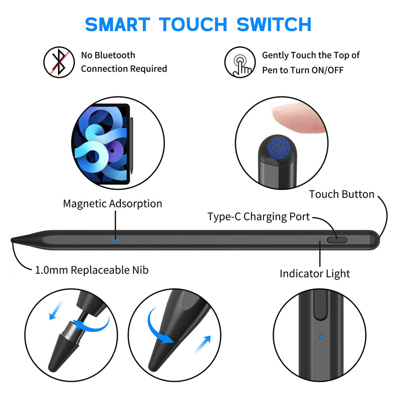Stylus Pens for Touch Screens, NTHJOYS Active Stylus Pencil for iOS/Android with Magnetic Design Fine Point Stylist Compatible with Apple iPad/Pro/Air/Mini/iPhone/Samsung/Tablets Writing & Drawing Black