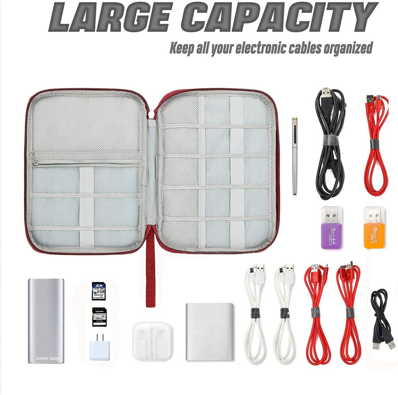 Electronic Organizer Travel Universal Cable Organizer Electronics Accessories Cases for Cable, Charger, Phone, USB, SD Card,1Pack Red Single Layer/9.85”x7.48”x0.79”