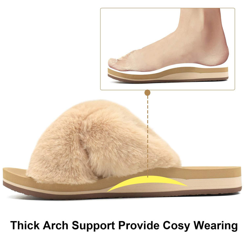 COFACE Womens Fuzzy Slides Fluffy Faux Fur House Slippers Open Toe Slip On Sandals Cozy Soft Yoga Mat Slippers Sandals with Arch Support Indoor Outdoor 5 Beige