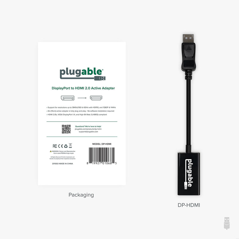 Plugable Active DisplayPort to HDMI Adapter - Connect Any DisplayPort-Enabled PC or Tablet to an HDMI Enabled Monitor, TV or Projector for Ultra-HD Video Streaming (HDMI 2.0 up to 4K 3840x2160 @60Hz)