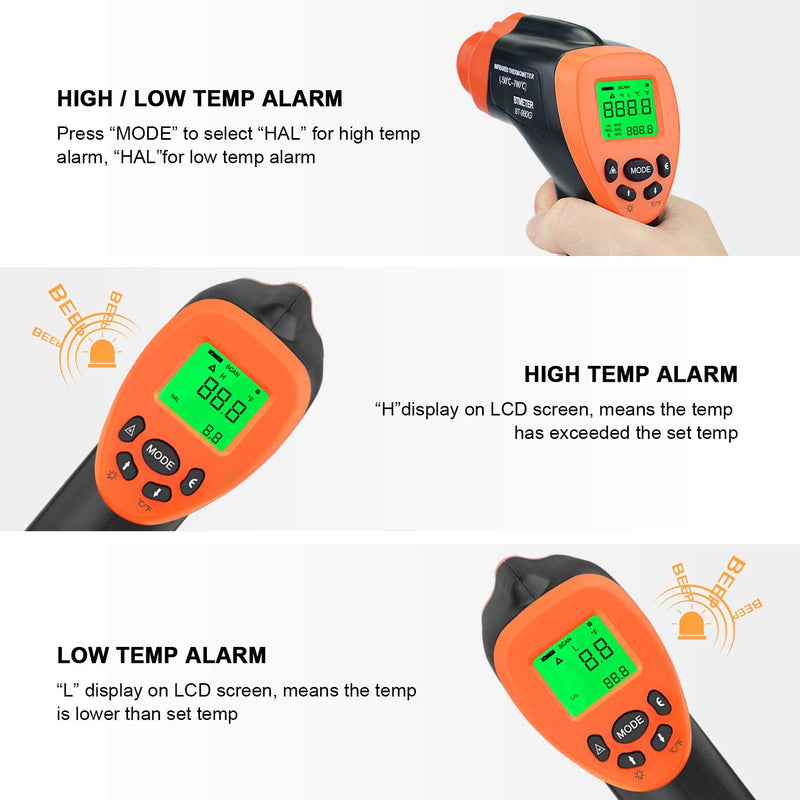BTMETER 980G Non-Contact Digital Infrared Thermometer-16:1 High IR Laser Temp Gun for Kitchen Cooking Grilling Automotive (-58℉-1292℉) (NOT for Human Temp) BT-980G(-50~700℃, D:S 16:1)
