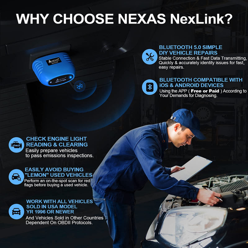 NEXAS Bluetooth 5.0 OBD2 Scanner Code Reader for iPhone Android Windows, Car Diagnostic Scanner Check Engine Light Smog Check Scan Tool for Vehicles After 1996 and for Motorcycles Specially