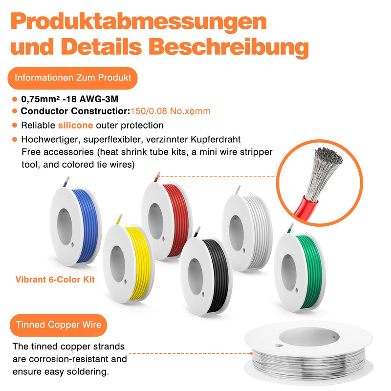 0.75mm² silicone electrical cable-SCHDRA 18 AWG tinned copper wire coil, 6 colors, 3 meters per cable, stranded wire, flexible and soft, ideal for electrical applications 18AWG silicone 3m