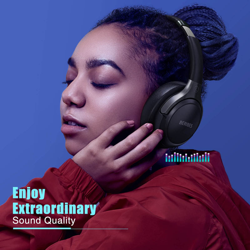 BERIBES Headphones Wireless Bluetooth, [3 EQ Modes] 55H Playtime, Weigh Only 0.38lb Comfort Fit Bluetooth Headphones, Immersive Bass, Smart One Connect Two, HiFi Stereo, Foldable, Built-in HD Mic Black