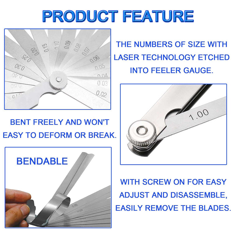 Feeler Gauge - 17 Blades 0.02-1mm Stainless Steel Metric Gap Feeler Gauges Gage Measuring Tool for Width Thickness Measuring (3.9 Inch Length)