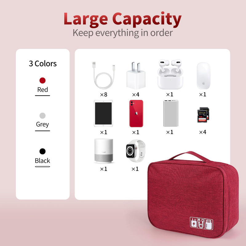 Travel Electronic Organizer, Portable Tech Bag with Handle, Tech Organizer Travel Case with Double zipper, Cable Organizer for Charger, iPad, Power Bank, Bluetooth Headset, Red