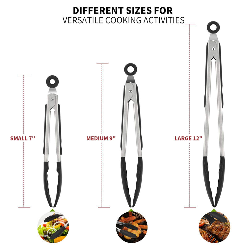 Kitchen Tongs, U-Taste 7/9/12 inches Cooking Tongs, with 600ºF High Heat-Resistant Non-Stick Silicone Tips, 18/8 Stainless Steel Handle, for Food Grill, Salad, BBQ, Frying, Serving, Pack of 3(Black) 600ºF Heat Resistant Black
