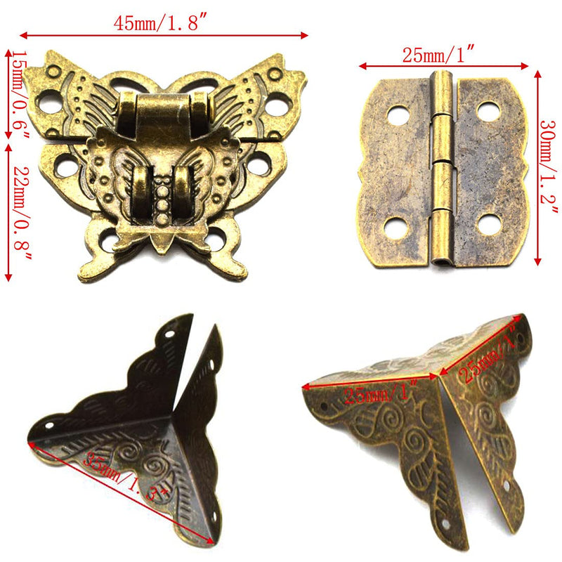 SDTC Tech 13-Pack Retro Jewelry Box Hardware Kit Includes Hasp Latch Padlock Hinges Corner Protectors Pull Handle and Supporting Feet, Bronze Tone