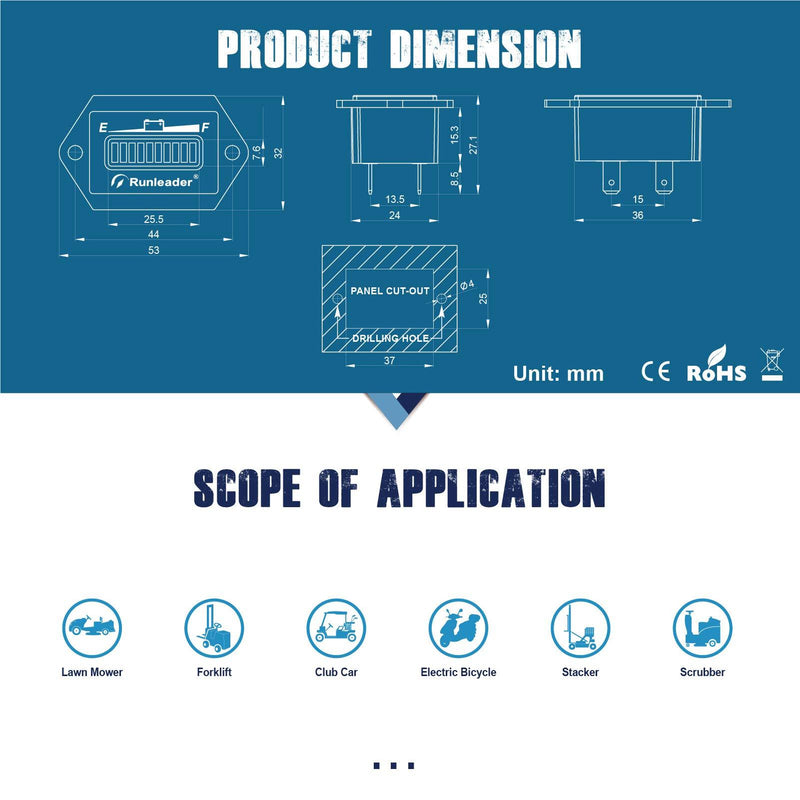 Runleader 36V Battery Fuel Gauge Meter,Battery Level Meter,Lead Acid Battery Applicably,Single&Multiple Screen Display for Golf Cart Club Car Forklift Scrubber Machine (36V)