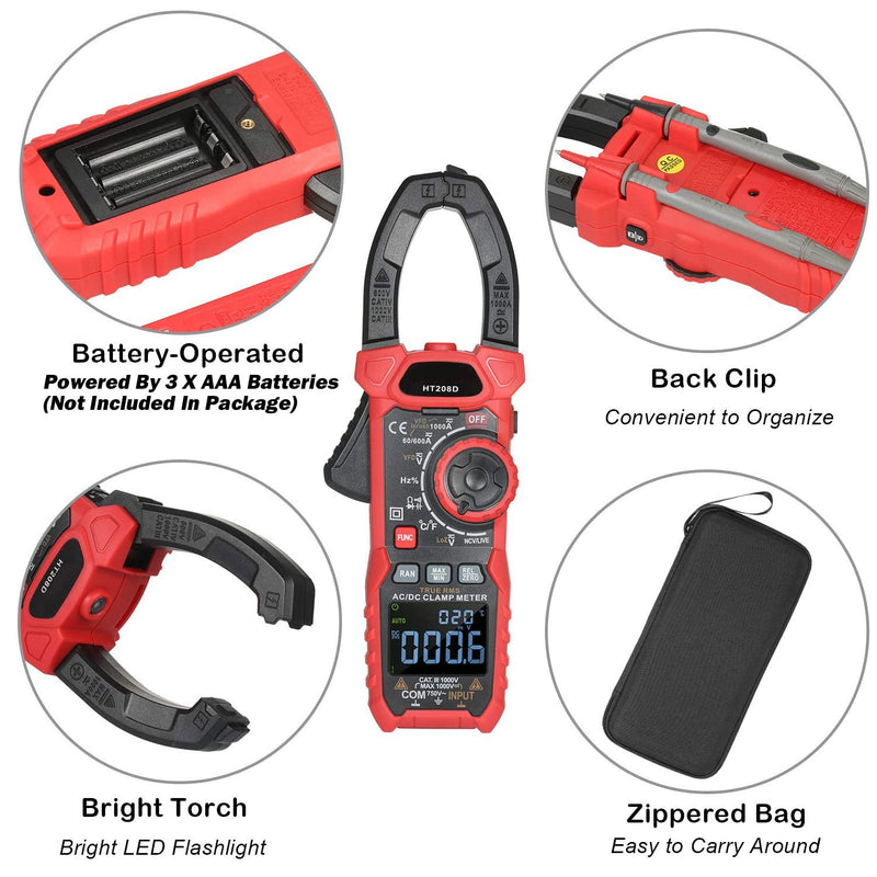 AC/DC Digital Clamp Meter 1000A True RMS Auto Range Professional Multimeter, 6000 Counts, Inrush, VFD, LOZ Mode Measures Current Voltage Temperature Capacitance Resistance Diodes Continuity Duty-Cycle AC/DC Current Meter