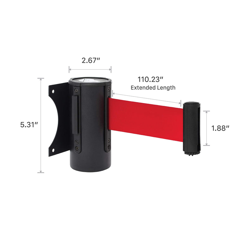 DuraSteel Crowd Control Wall Barrier - Wall Mount 96” Red Retractable Belt w/Black Finish Body - Safe Braking System and Locking Button - Used in Retail Stores, Airports, Banks, Restaurants, Hotels