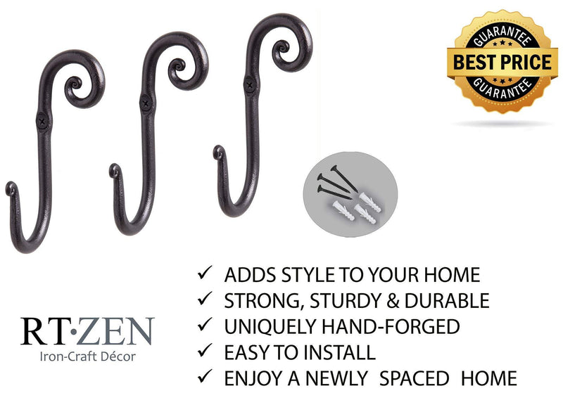 Decorative Stylish Wall Mounted Hooks, 3 Handmade Wrought Iron Right Swirl Hangers for Coat, Hat, Jacket, Robe, Bath Towel | Mug Hooks | Black Scroll Hangers | Handcrafted by RTZEN-Décor