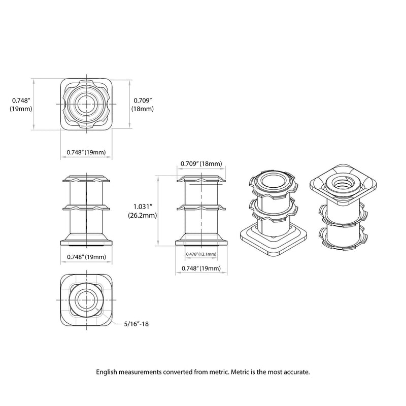 (Pack of 20) Outwater Square Double Star Metal Caster Insert with Thread DS71-245. Thread: 5/16-18, Outside Dimension of Tube: 3/4", Gauge of Tube: 16-18 Fits .75'' Tube