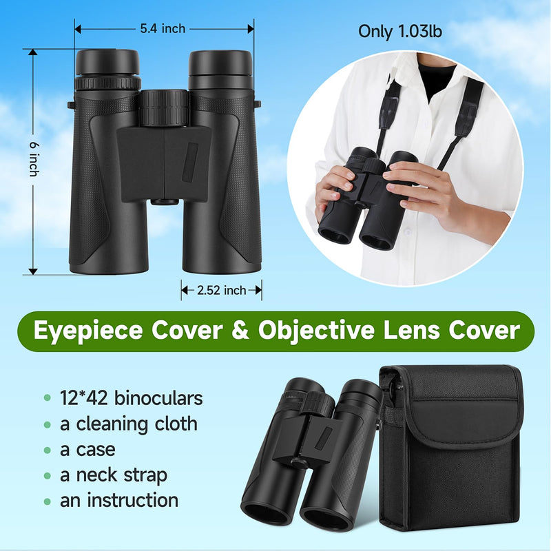 12x42 HD Binoculars for Adults High Powered, Super Bright Binoculars with Large View Low Light Night Vision, Waterproof Compact Binoculars for Bird Watching Cuise Ship Travel Hunting Stargazing