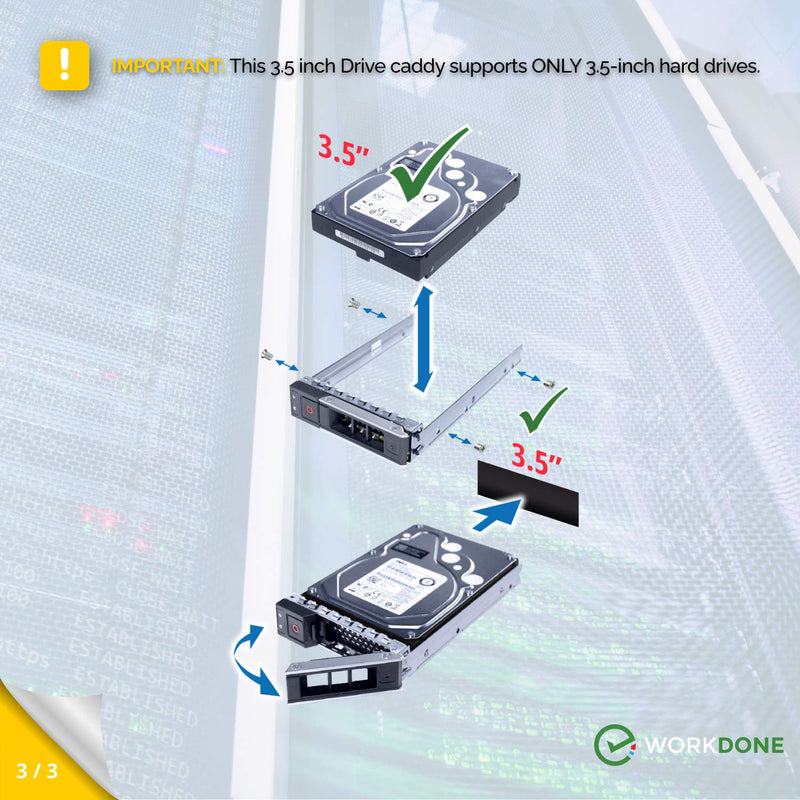 WORKDONE 3.5 inch Hard Drive Caddy - Compatible for Dell PowerEdge Servers - 14th Gen R440 R540 R640 R740 R740xd2 R6415 R7425 More - Bright LED Hot Swap SAS SATA Bracket Tray - with Setup Manual