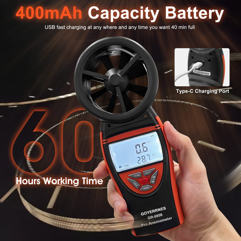 Handheld Wind Meter Digital Anemometer 0.3~30m/s Wind Speed Meter, GR-8808, Temperature for Navigation, Sailing Competition, Various Fan Manufacturing Industries, Data Storage