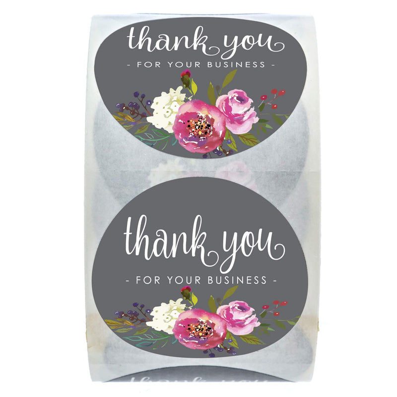 1.5 Inch Round Grey Floral Thank You for Your Business Stickers / 500 Labels Per Roll