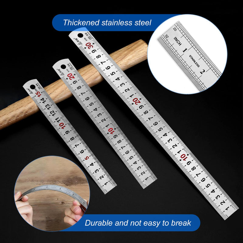 TONAUP Pack of 3 stainless steel rulers, steel ruler, double side scale, edge measuring tool, including 15 cm / 20 cm / 30 cm for engineering, teaching, office silver