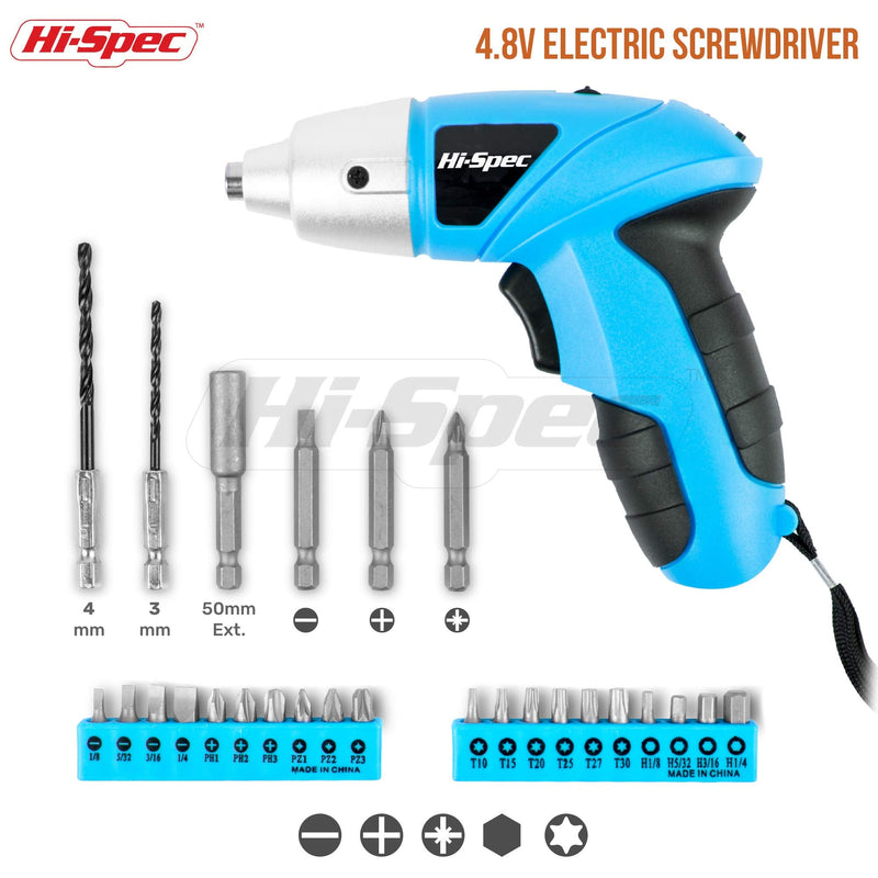 Hi-Spec 27 Piece Blue 4.8V Electric Cordless Power Screwdriver & Bit Set. Lightweight & Easy to Use Rechargeable Battery Screwdriving for the Home & Office