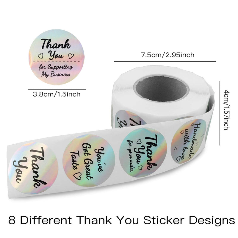 Lainrrew 500 Pcs Thank You Label Stickers Roll, 1.5" Holographic Stickers for Business Gift Wrapping, Ideal for Online Sales & Shops