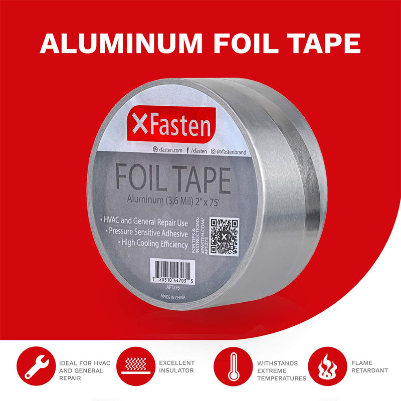 XFasten Aluminum Foil Reflective Duct Tape, 2 Inches x 75 Feet, 3.6 mil, High Temp and Heavy Duty Metal Aluminum HVAC Tape for Duct Work, Furnace, AC Units and metalworks