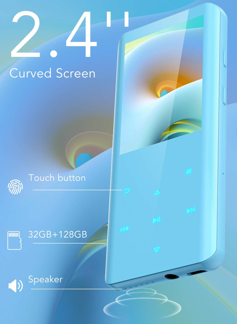 32GB MP3 Player with Bluetooth 5.0, AGPTEK 2.4" Curved Screen Portable Music Player with Speaker Lossless Sound with FM Radio, Voice Recorder, Supports up to 128GB, Blue