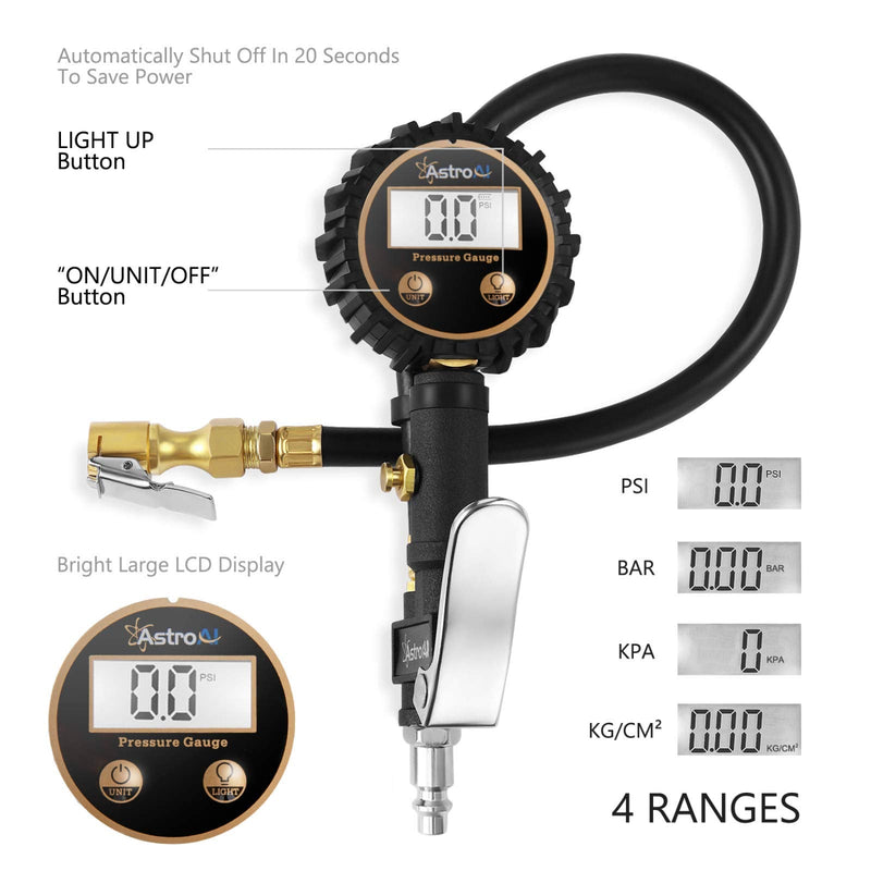 AstroAI ATG250 Digital Tire Inflator with Pressure Gauge, 250 PSI Air Chuck and Compressor Accessories Heavy Duty with Rubber Hose and Quick Connect Coupler for 0.1 Display Resolution white