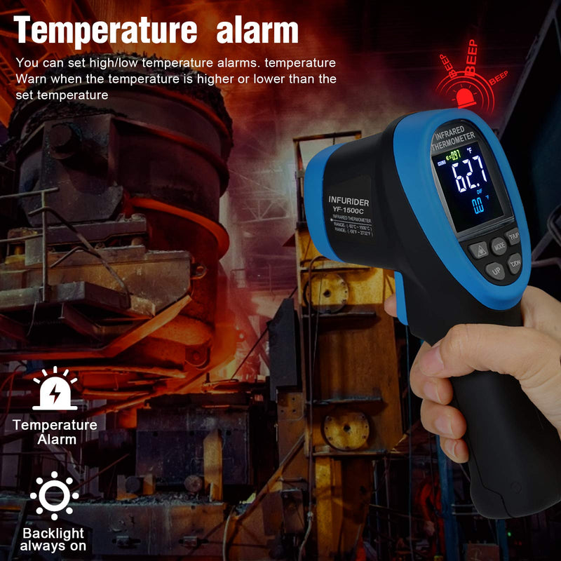 Digital Infrared Thermometer, INFURIDER YF-1500C(-58℉~2732℉) Non-Contact Laser Temperature Gun 30:1 High IR Temp Gauge Pyrometer with Color LCD Screen Max/Min Alarm【Not for Human Temp Test】 2.1500C(-58~2732℉)